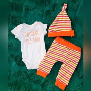 🎃 Rae Dunn Pumpkin Spice Baby Outfit 3 Piece Onesie Pants Hat Boys Girls 0-3
